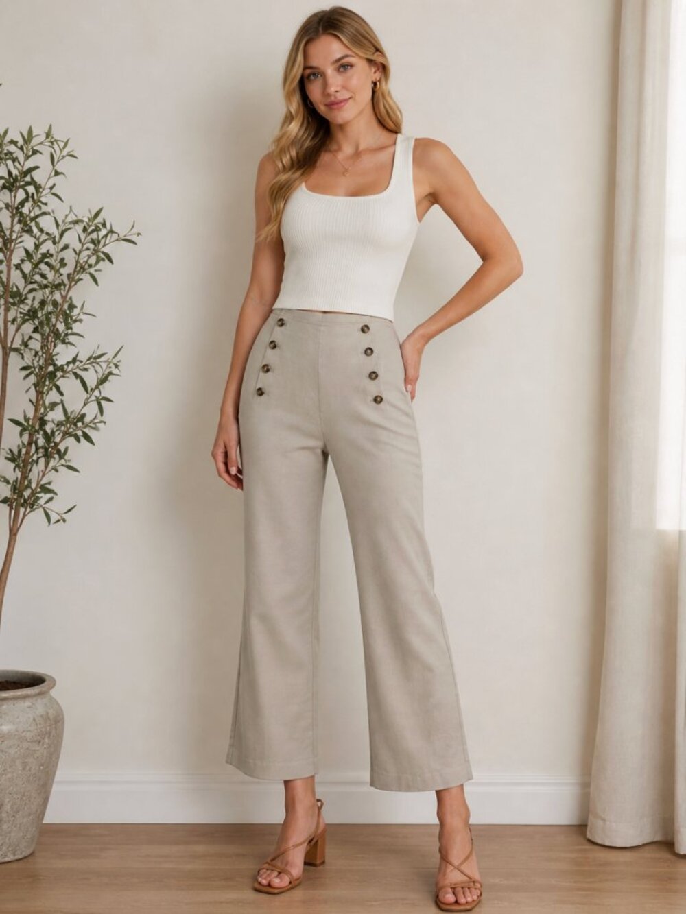 Ann Taylor High-Waist Button Detail Linen Blend Wide-Leg Pants Size 14